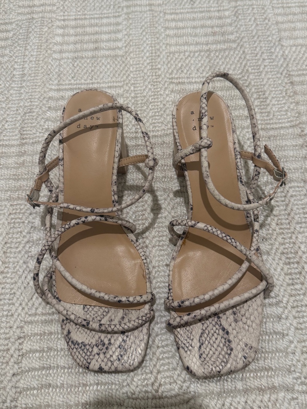 a new day Snake-Print Strappy Block Heels - Beige